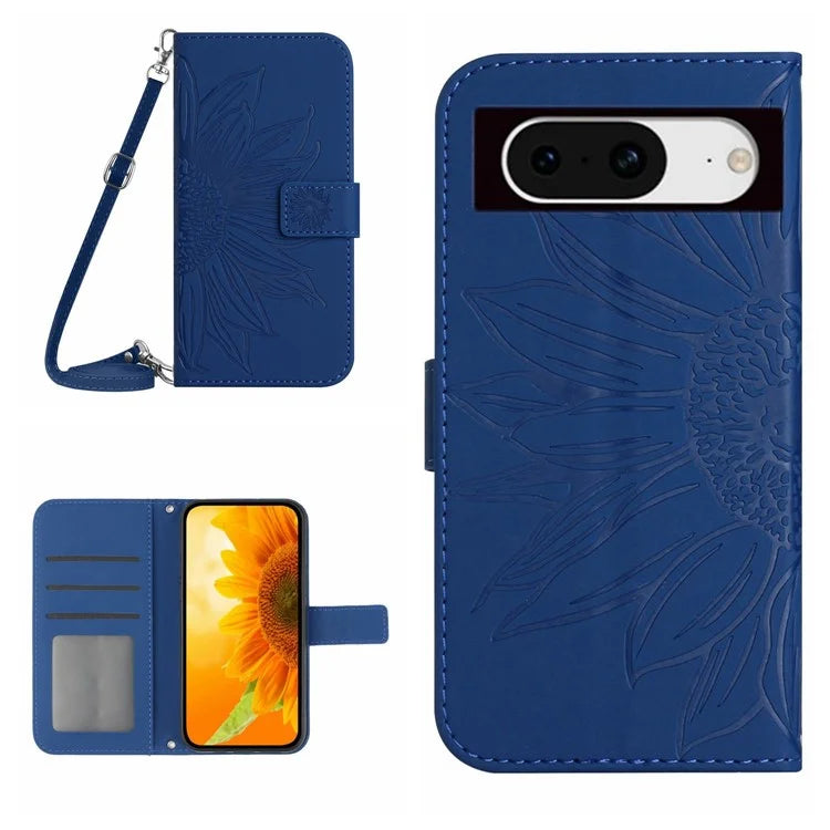 HT04 For Google Pixel 8a Case Imprinted Leather Smartphone Cover with Shoulder Strap