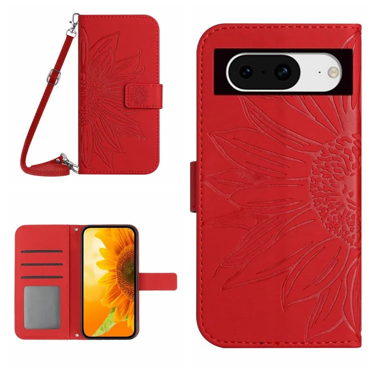 HT04 For Google Pixel 8a Case Imprinted Leather Smartphone Cover with Shoulder Strap