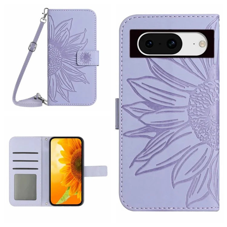 HT04 For Google Pixel 8a Case Imprinted Leather Smartphone Cover with Shoulder Strap