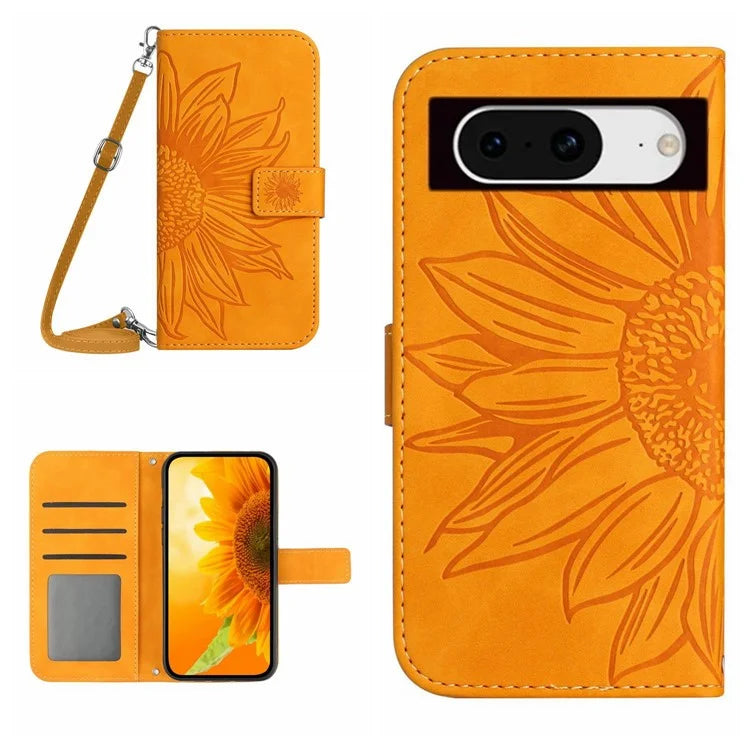 HT04 For Google Pixel 8a Case Imprinted Leather Smartphone Cover with Shoulder Strap