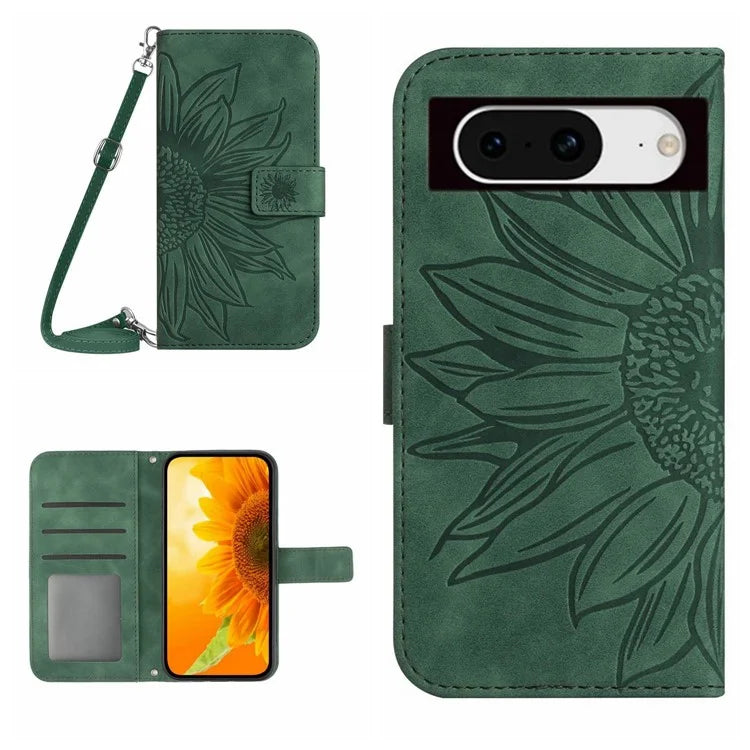 HT04 For Google Pixel 8a Case Imprinted Leather Smartphone Cover with Shoulder Strap