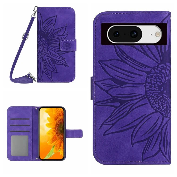 HT04 For Google Pixel 8a Case Imprinted Leather Smartphone Cover with Shoulder Strap