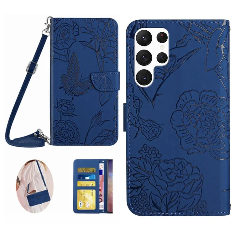 HT03 For Samsung Galaxy S24 Ultra Case Cell Phone Imprinted PU Leather Cover with Long Strap