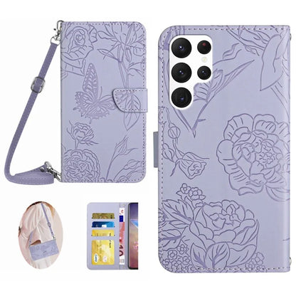 HT03 For Samsung Galaxy S24 Ultra Case Cell Phone Imprinted PU Leather Cover with Long Strap