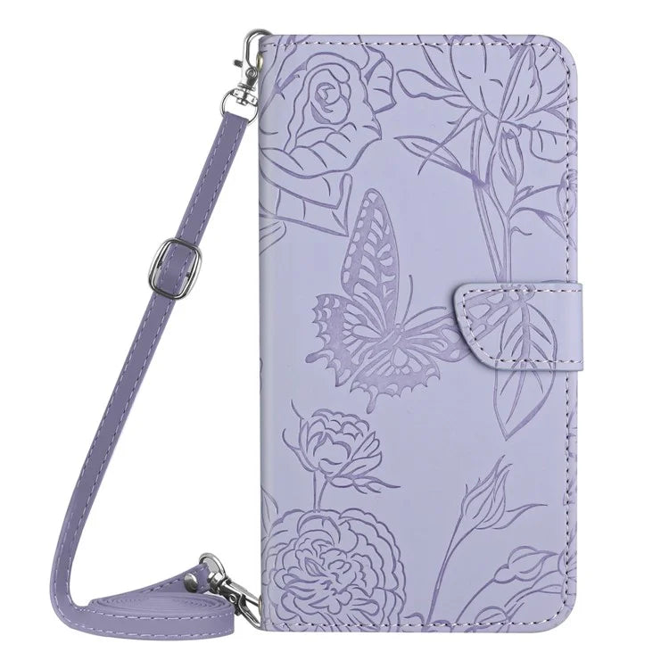 HT03 For Samsung Galaxy S24 Ultra Case Cell Phone Imprinted PU Leather Cover with Long Strap