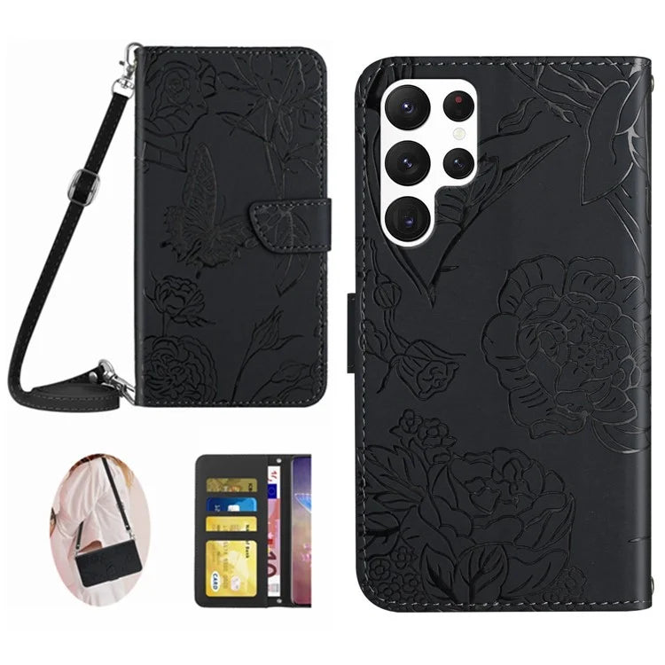 HT03 For Samsung Galaxy S24 Ultra Case Cell Phone Imprinted PU Leather Cover with Long Strap