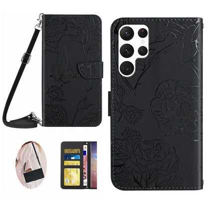 HT03 For Samsung Galaxy S24 Ultra Case Cell Phone Imprinted PU Leather Cover with Long Strap