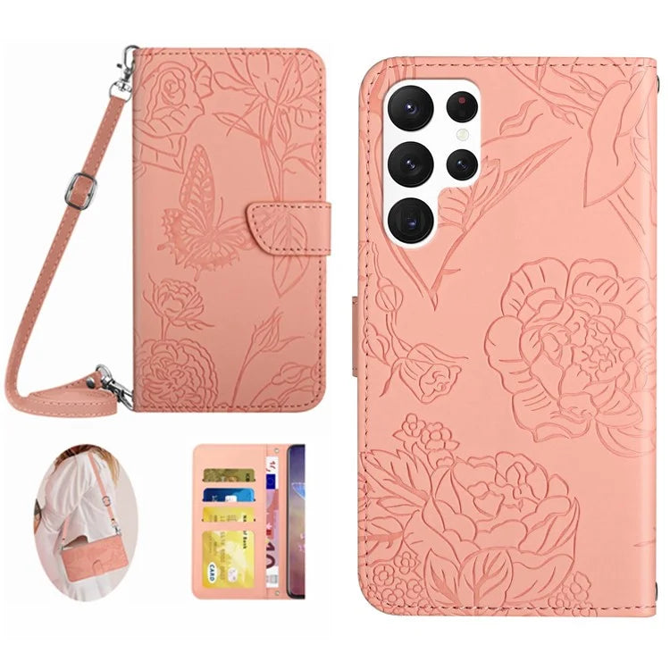 HT03 For Samsung Galaxy S24 Ultra Case Cell Phone Imprinted PU Leather Cover with Long Strap