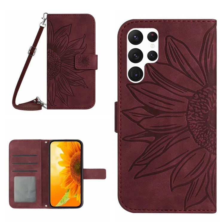HT04 For Samsung Galaxy S24 Ultra Case Sunflower Imprint Leather Phone Cover with Shoulder Strap