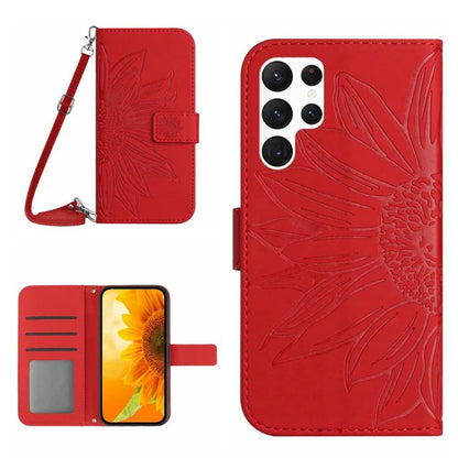 HT04 For Samsung Galaxy S24 Ultra Case Sunflower Imprint Leather Phone Cover with Shoulder Strap
