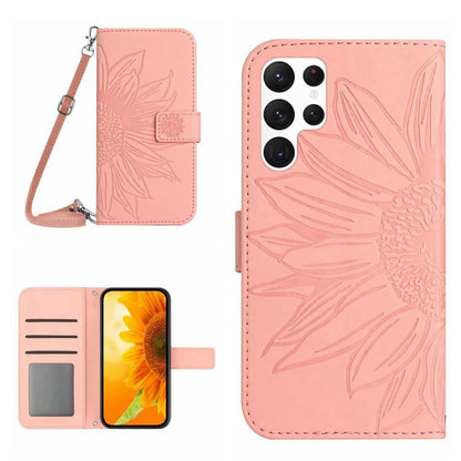 HT04 For Samsung Galaxy S24 Ultra Case Sunflower Imprint Leather Phone Cover with Shoulder Strap