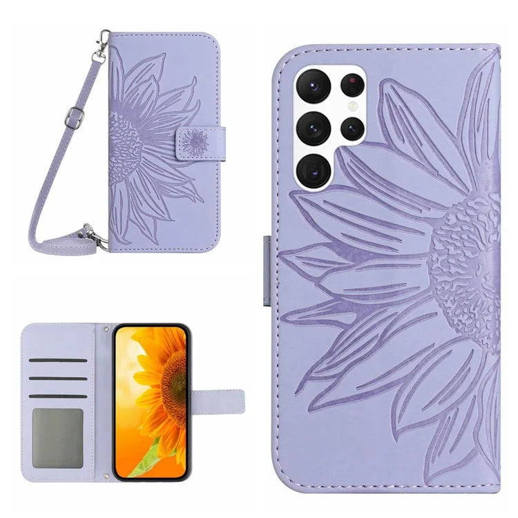 HT04 For Samsung Galaxy S24 Ultra Case Sunflower Imprint Leather Phone Cover with Shoulder Strap
