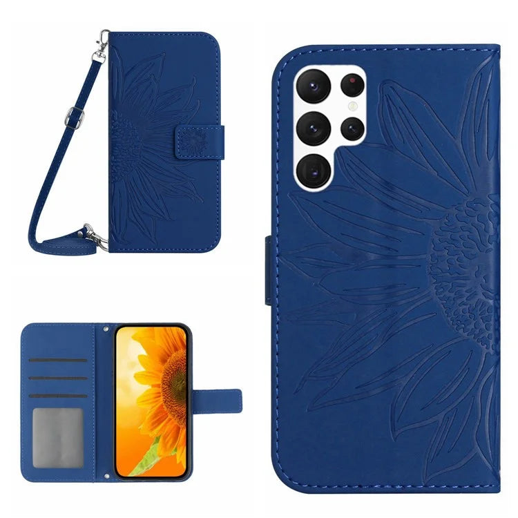 HT04 For Samsung Galaxy S24 Ultra Case Sunflower Imprint Leather Phone Cover with Shoulder Strap