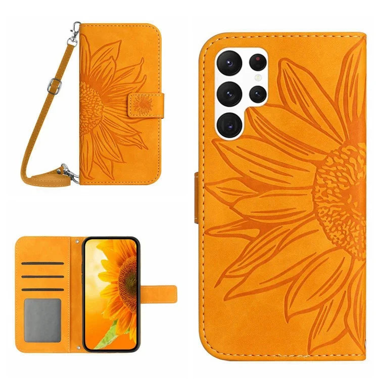 HT04 For Samsung Galaxy S24 Ultra Case Sunflower Imprint Leather Phone Cover with Shoulder Strap