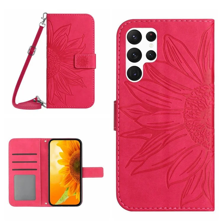 HT04 For Samsung Galaxy S24 Ultra Case Sunflower Imprint Leather Phone Cover with Shoulder Strap