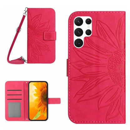 HT04 For Samsung Galaxy S24 Ultra Case Sunflower Imprint Leather Phone Cover with Shoulder Strap