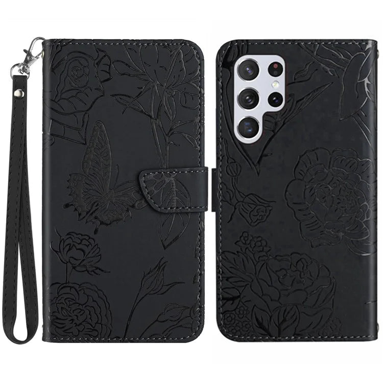 HT03 For Samsung Galaxy S24 Ultra Cover Leather Stand Phone Case with Wrist Strap