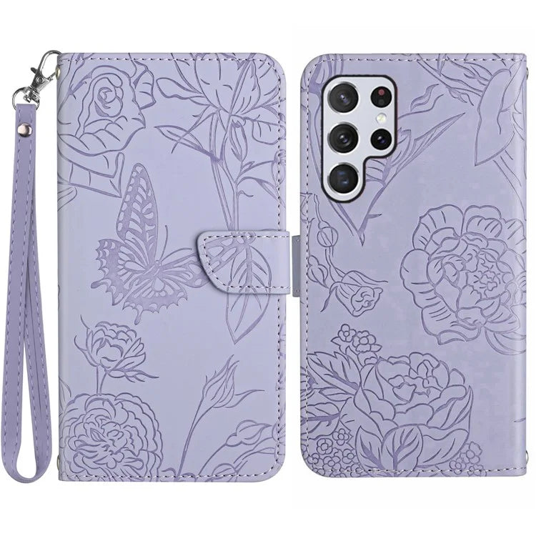 HT03 For Samsung Galaxy S24 Ultra Cover Leather Stand Phone Case with Wrist Strap