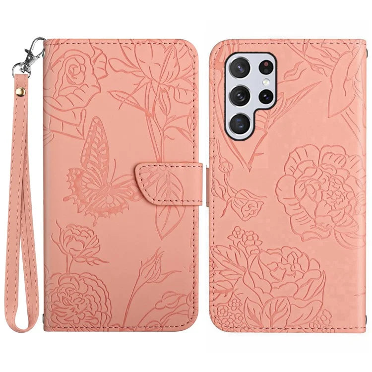 HT03 For Samsung Galaxy S24 Ultra Cover Leather Stand Phone Case with Wrist Strap