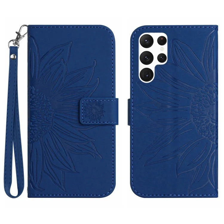 HT04 For Samsung Galaxy S24 Ultra Cover PU Leather Phone Case with Wrist Strap
