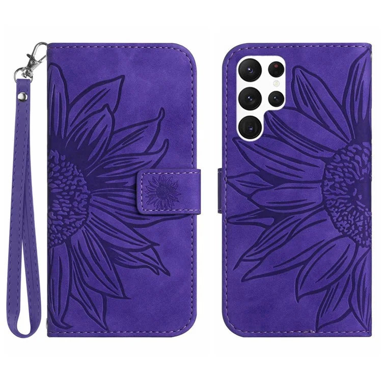 HT04 For Samsung Galaxy S24 Ultra Cover PU Leather Phone Case with Wrist Strap