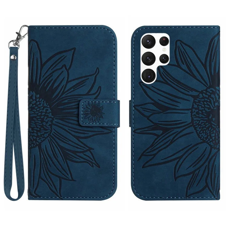 HT04 For Samsung Galaxy S24 Ultra Cover PU Leather Phone Case with Wrist Strap