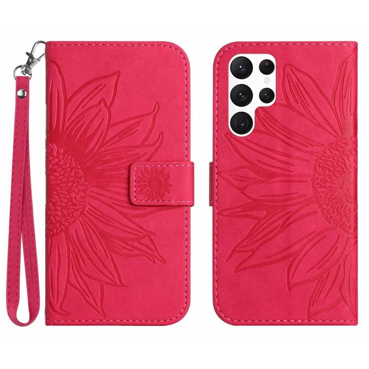 HT04 For Samsung Galaxy S24 Ultra Cover PU Leather Phone Case with Wrist Strap