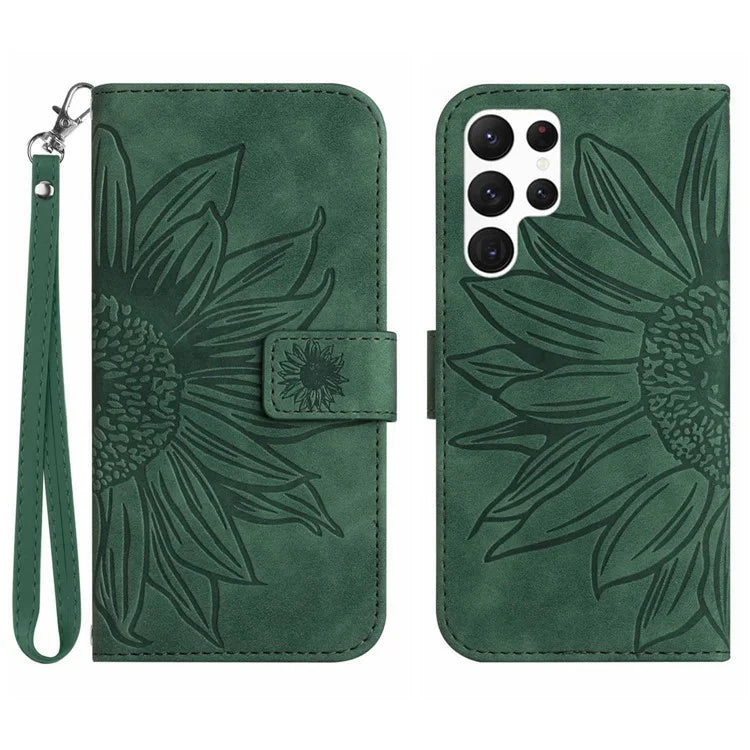 HT04 For Samsung Galaxy S24 Ultra Cover PU Leather Phone Case with Wrist Strap