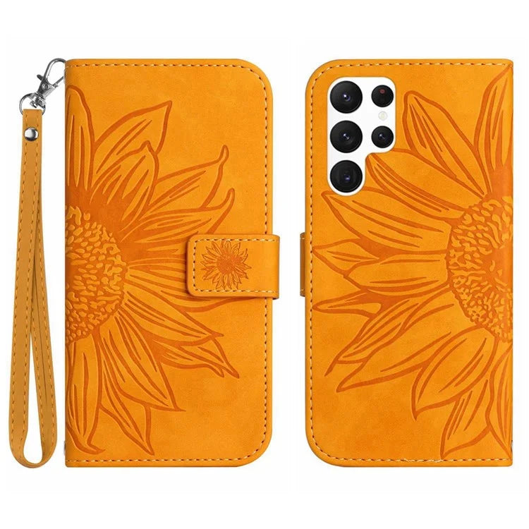 HT04 For Samsung Galaxy S24 Ultra Cover PU Leather Phone Case with Wrist Strap