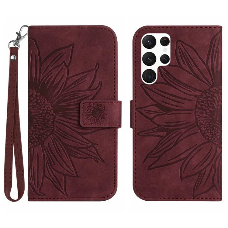 HT04 For Samsung Galaxy S24 Ultra Cover PU Leather Phone Case with Wrist Strap