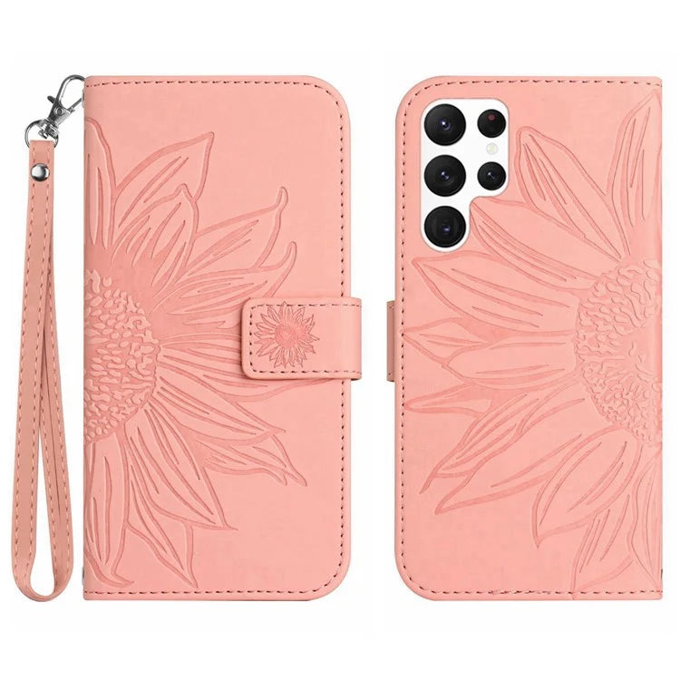 HT04 For Samsung Galaxy S24 Ultra Cover PU Leather Phone Case with Wrist Strap