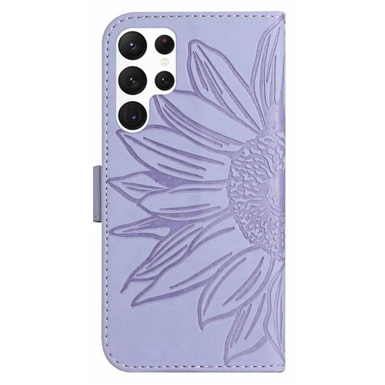 HT04 For Samsung Galaxy S24 Ultra Cover PU Leather Phone Case with Wrist Strap