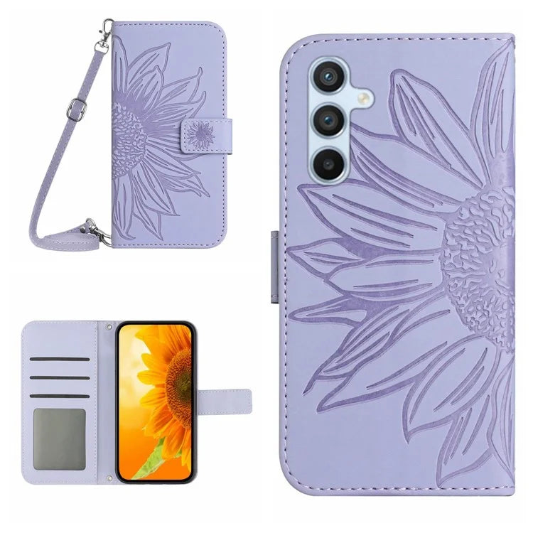 HT04 For Samsung Galaxy A15 4G Case Sunflower Imprint Wallet Cover with Shoulder Strap