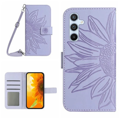 HT04 For Samsung Galaxy A15 4G Case Sunflower Imprint Wallet Cover with Shoulder Strap