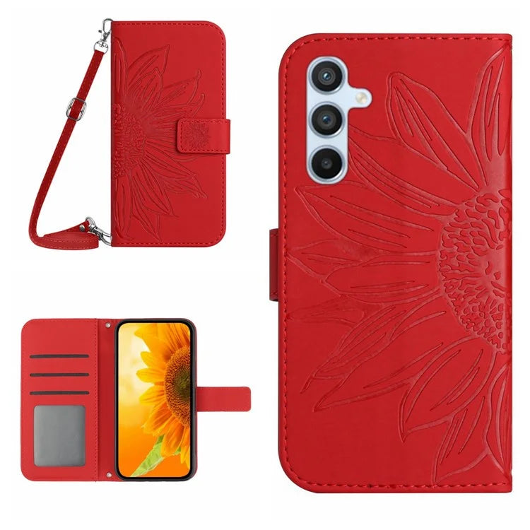 HT04 For Samsung Galaxy A15 4G Case Sunflower Imprint Wallet Cover with Shoulder Strap