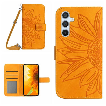 HT04 For Samsung Galaxy S24+ Case Sunflower Imprint Shell Leather Cover with Shoulder Strap