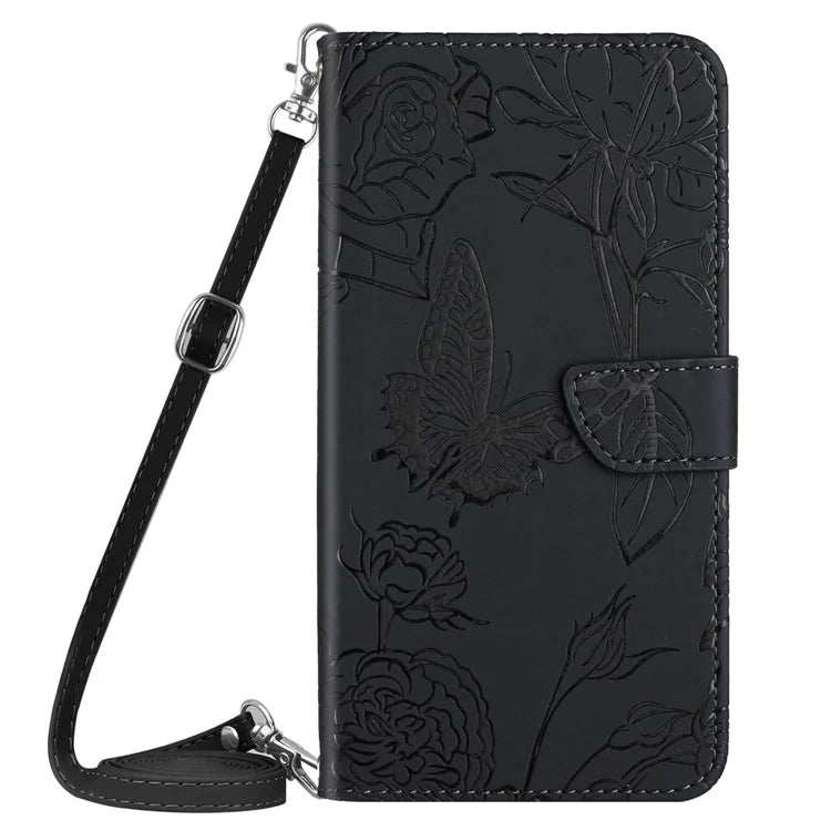 HT03 For Samsung Galaxy S24 Case Imprinted PU Leather Phone Wallet Cover with Shoulder Strap