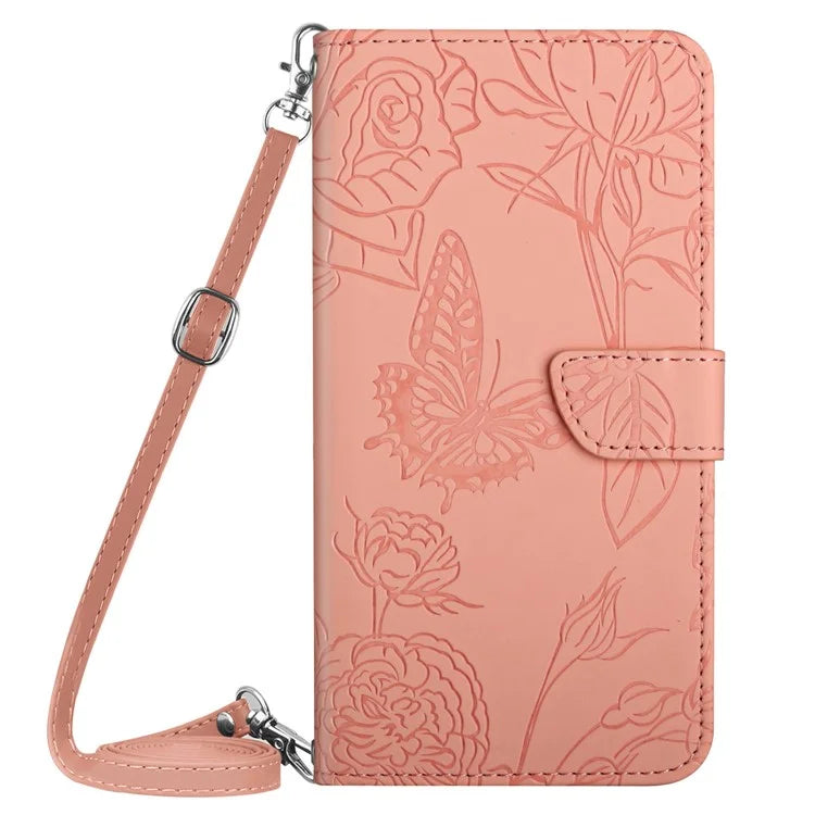 HT03 For Samsung Galaxy S24 Case Imprinted PU Leather Phone Wallet Cover with Shoulder Strap