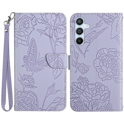 HT03 For Samsung Galaxy S24 Cover PU Leather Flower Imprint Phone Case with Wrist Strap