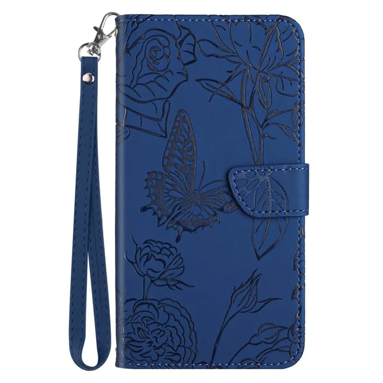 HT03 For Samsung Galaxy S24 Cover PU Leather Flower Imprint Phone Case with Wrist Strap