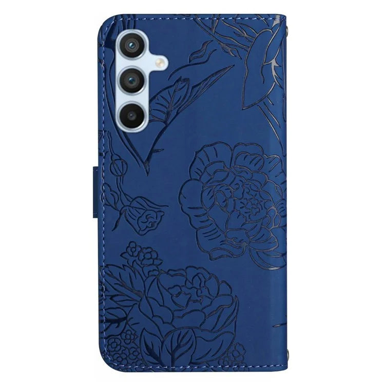 HT03 For Samsung Galaxy S24 Cover PU Leather Flower Imprint Phone Case with Wrist Strap