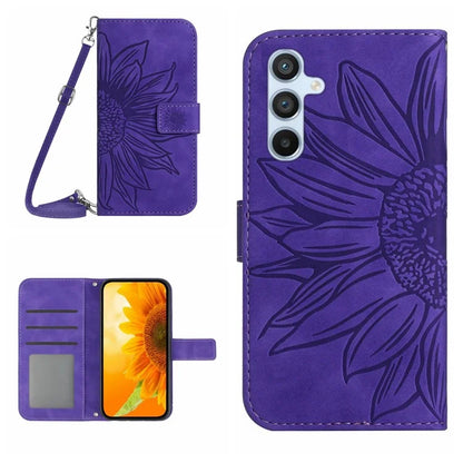 HT04 For Samsung Galaxy S24 Case Anti-fall Sunflower Imprint Leather Cover with Shoulder Strap