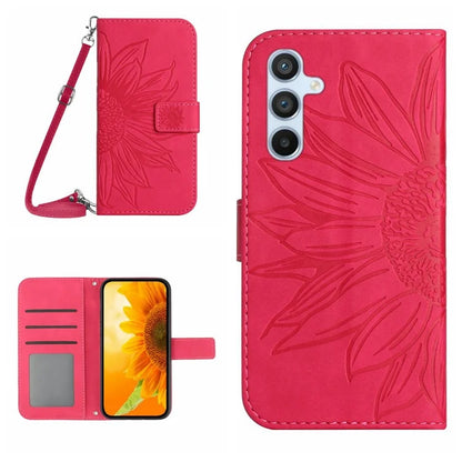 HT04 For Samsung Galaxy S24 Case Anti-fall Sunflower Imprint Leather Cover with Shoulder Strap