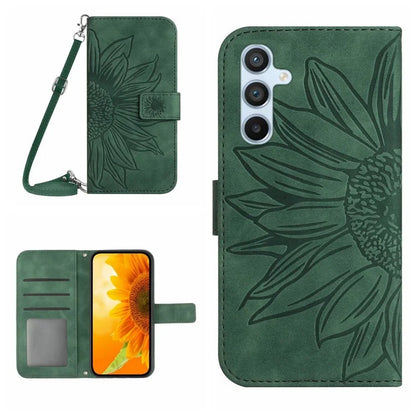 HT04 For Samsung Galaxy S24 Case Anti-fall Sunflower Imprint Leather Cover with Shoulder Strap