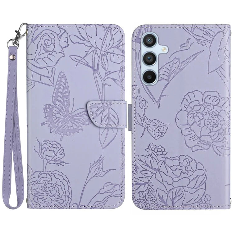 HT03 For Samsung Galaxy A15 4G Leather Case Imprinted Flower Cover with Hand Strap