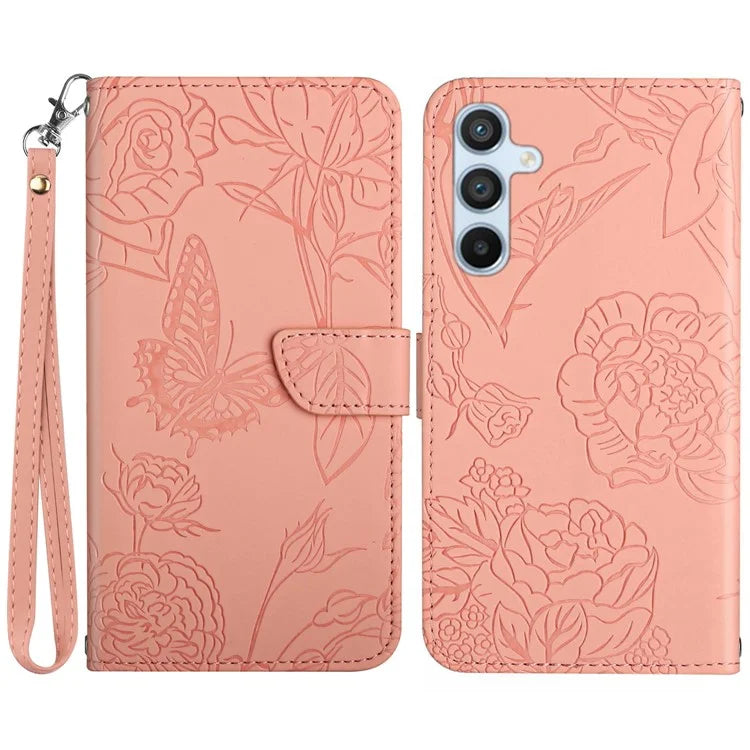 HT03 For Samsung Galaxy A15 4G Leather Case Imprinted Flower Cover with Hand Strap