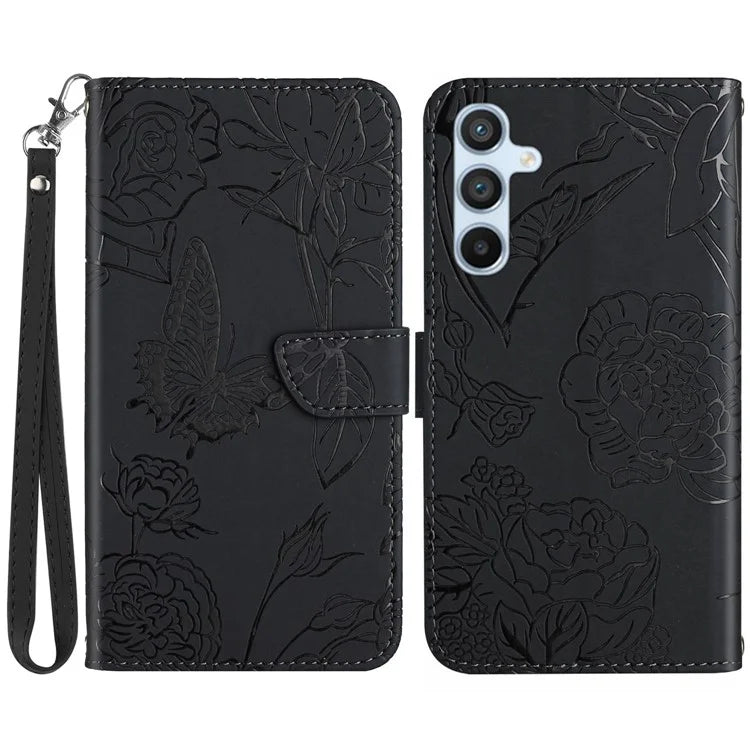 HT03 For Samsung Galaxy S24+ Case Leather Wallet Imprinted Cellphone Cover with Hand Strap