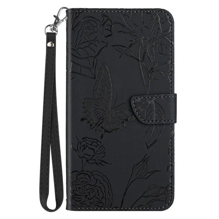 HT03 For Samsung Galaxy S24+ Case Leather Wallet Imprinted Cellphone Cover with Hand Strap