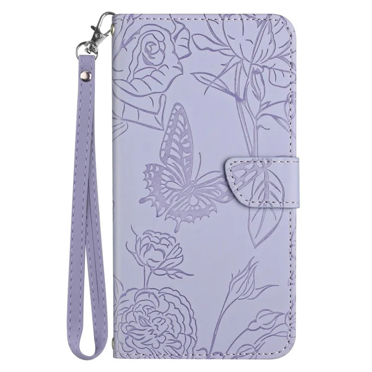 HT03 For Samsung Galaxy S24+ Case Leather Wallet Imprinted Cellphone Cover with Hand Strap