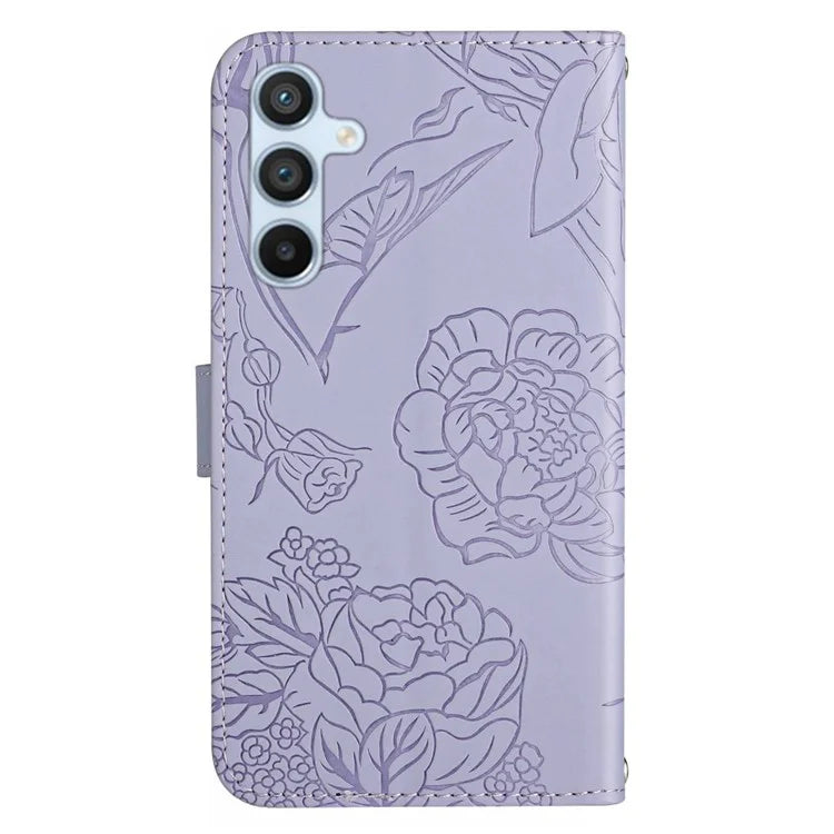 HT03 For Samsung Galaxy S24+ Case Leather Wallet Imprinted Cellphone Cover with Hand Strap